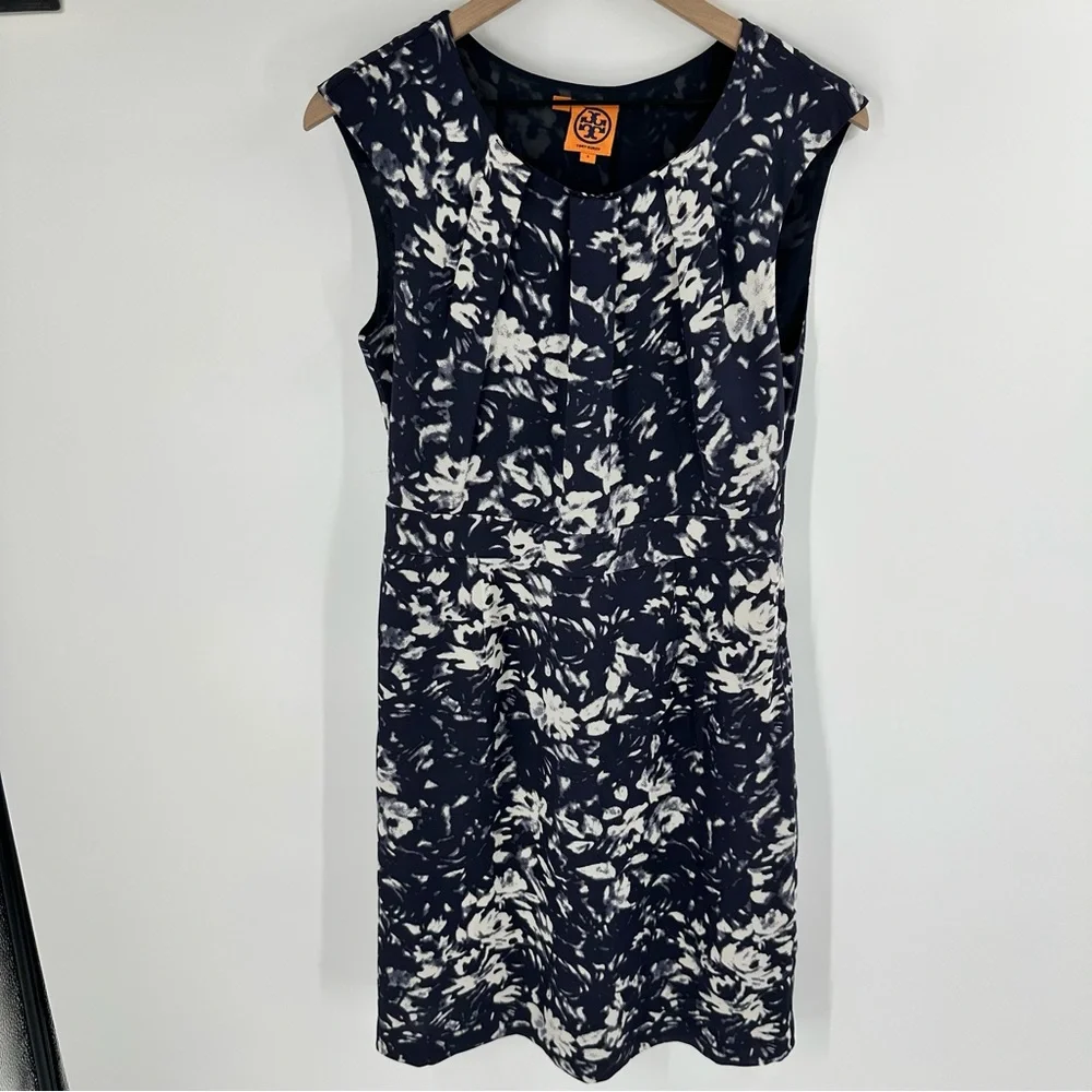 Tory Burch 100% Silk Navy Blue Floral Shift Dress Knee Classic Luxury‎ Women 6